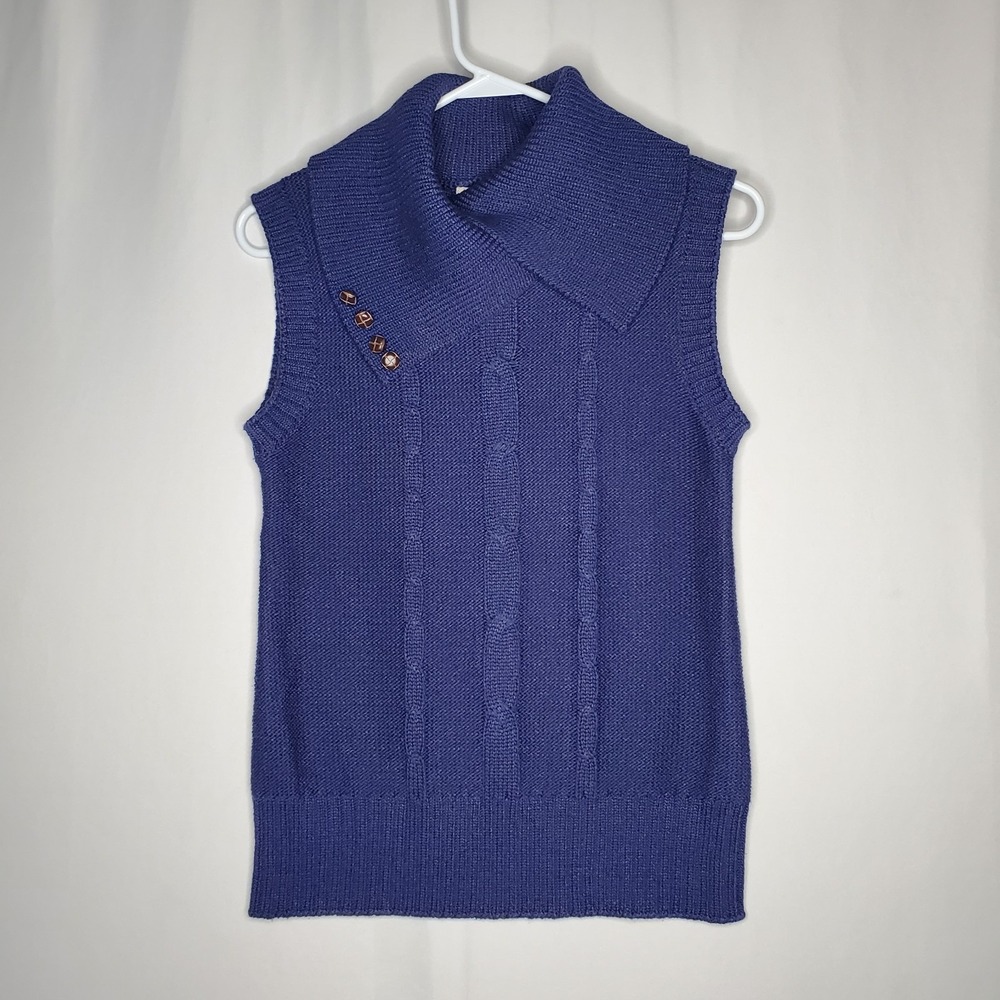 Tulle Sleeveless‎ Shawl Collar Cable Knit Sweater Womens Medium Blue Preppy 00s